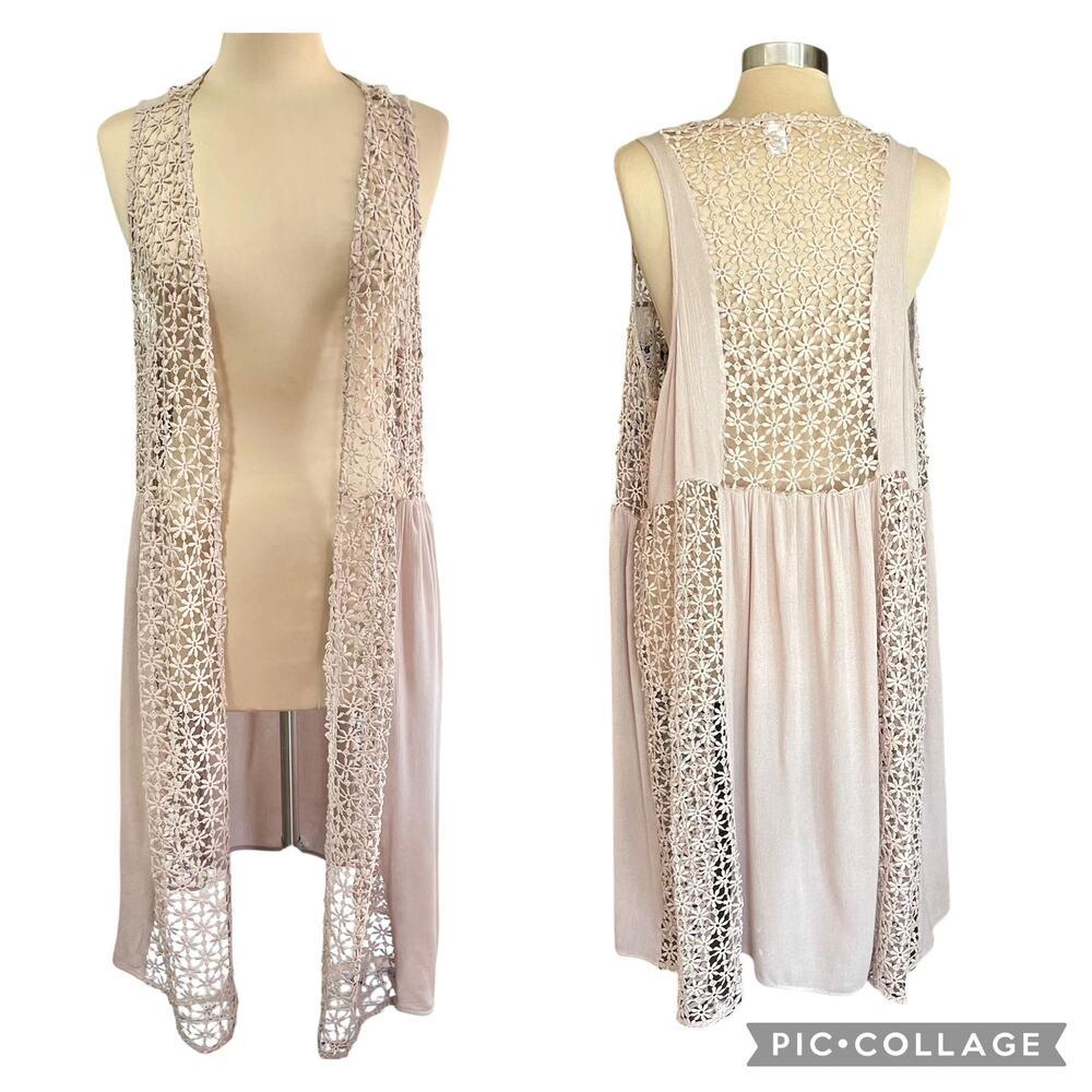 Cato Beige Crochet Lace Duster Vest Sz 18 Cottagecore Fairy Ethereal Festival